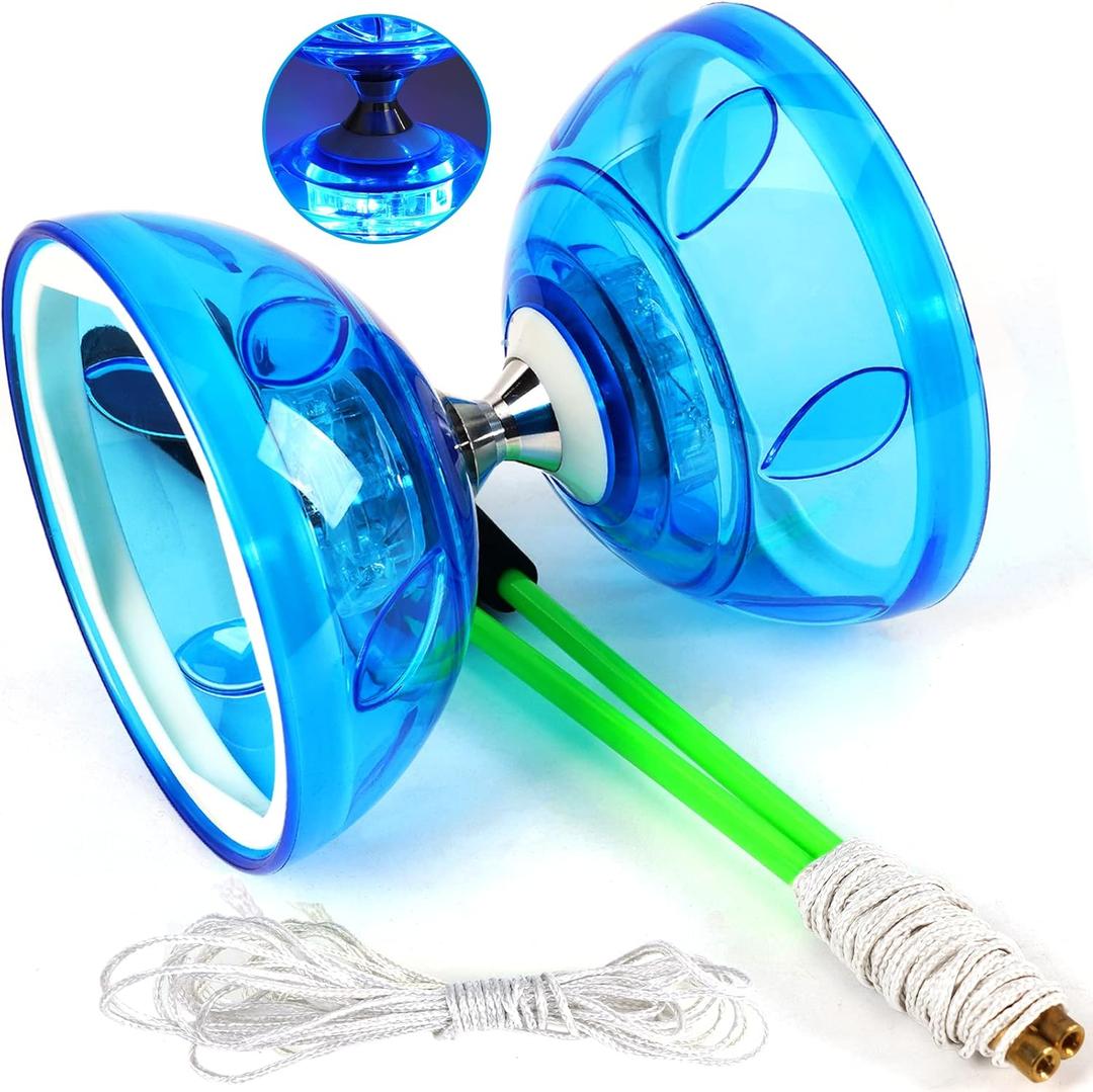BodyRhythm Five Bearings Chinese Diabolo Yoyo Set with LED, Fiberglass Sticks, Adjustable Strings for All Ages - Best for Fitness and Tricks (Blue)