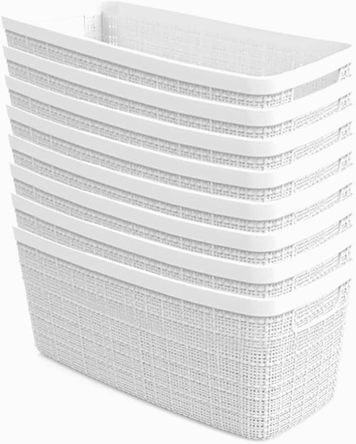 Curver Jute Decorative Plastic Organization and Storage Basket Perfect Bins for Home Office, Closet Shelves, Kitchen Pantry and All Bedroom Essentials, Slim, White, Set of 8 (Slim, White)