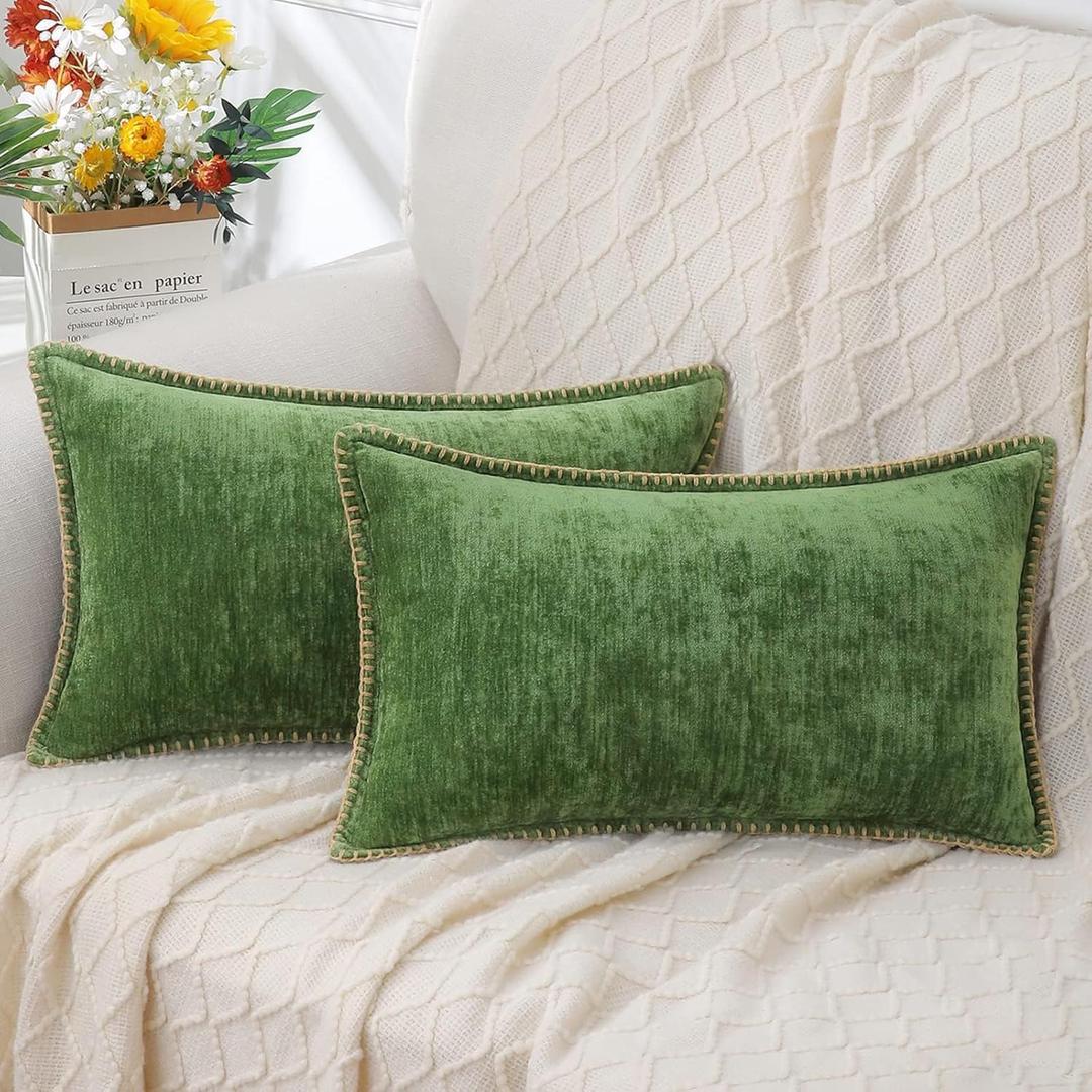 decorUhome Fall Chenille Soft Throw Pillow Covers 12x20 Set of 2, Lumbar Velvet Farmhouse Neutral Decorative Pillow Covers with Stitched Edge for Couch Sofa Bed Home Decor, Forest Elf