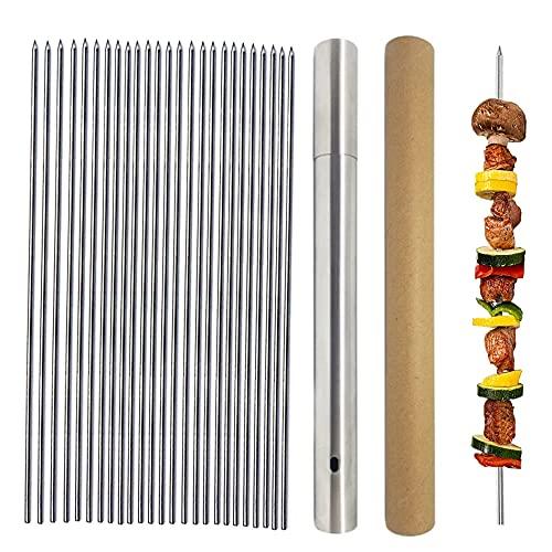 Stainless Steel Kabob Skewers - Heavy Duty 12" Round BBQ Skewers (Set of 20 + Storage Tube)