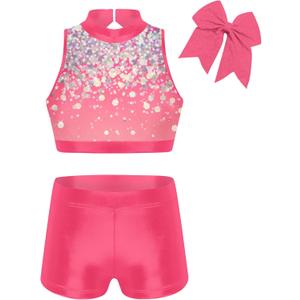 Vogseek Gymnastics Leotards for Girls with Shorts Sparkly Ballet Dance Unitards Biketards Kids Activewear (6-7 Years, Yellow)