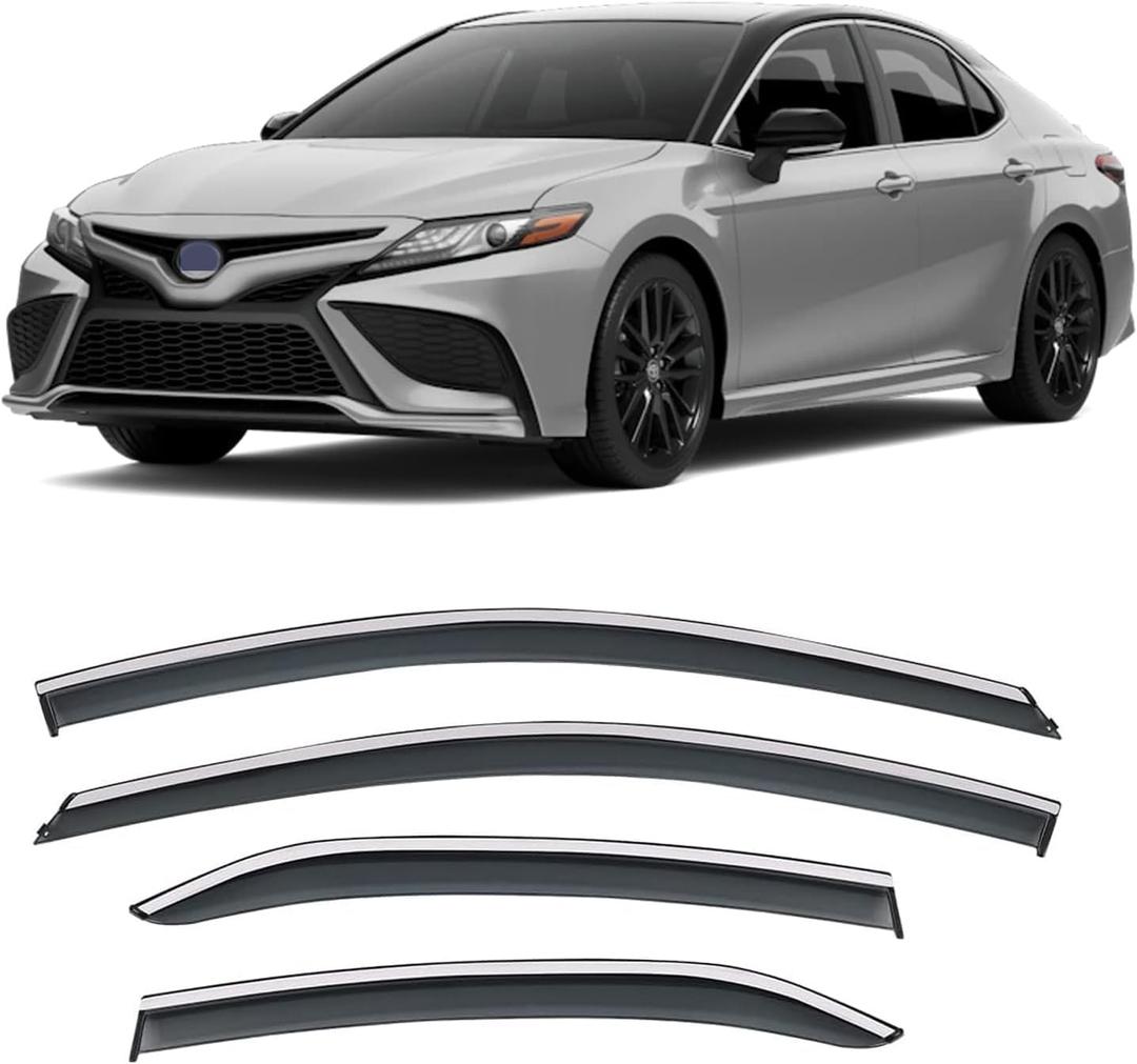 VESUL Compatible with Toyota Camry 2018-2024 L LE SE XLE XSE Hybrid Tape on Polycarbonate Rain Guards Window Visors Window Wind Deflector Shield Cover with 304 Stainless Steel Trim