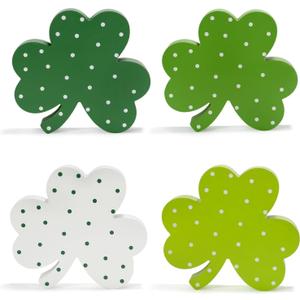 St Patricks Day Shamrock Decorations, 4 Pack 6 Wooden Polka Dot Shamrocks Saint Patty's Irish Holiday Tiered Tray Home Table Shelf Office Desk Decor Set Chunky Clover Tabletop Sign