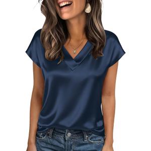 Zeagoo Women Silk Satin Tops Cap Short Sleeve Blouse V Neck Shirts Business Casual Outfits (Medium)