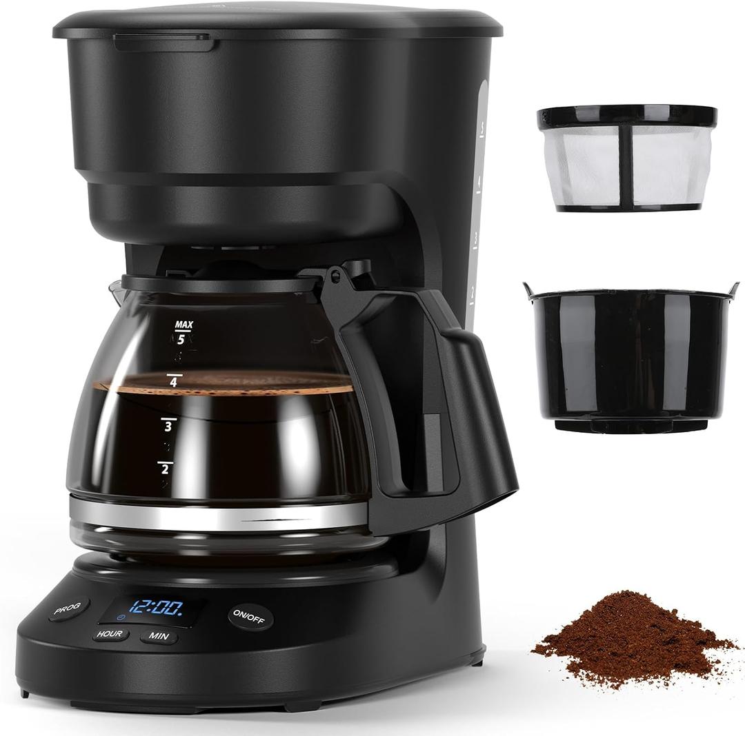 Electactic 5-Cup Programmable Drip Coffee Maker, a compact coffee machine with a digital clock and 24-hour programmable timer, featuring Auto Shut-Off, and a Removable Filter Basket for Home & Office.