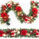 GarveeHome 6 ft Artificial Christmas Wreath for Front Door with LED Lights, Red Balls & Flowers, Pine Needles Decoration for Home Office Wall Window Fireplace Winter Holidays