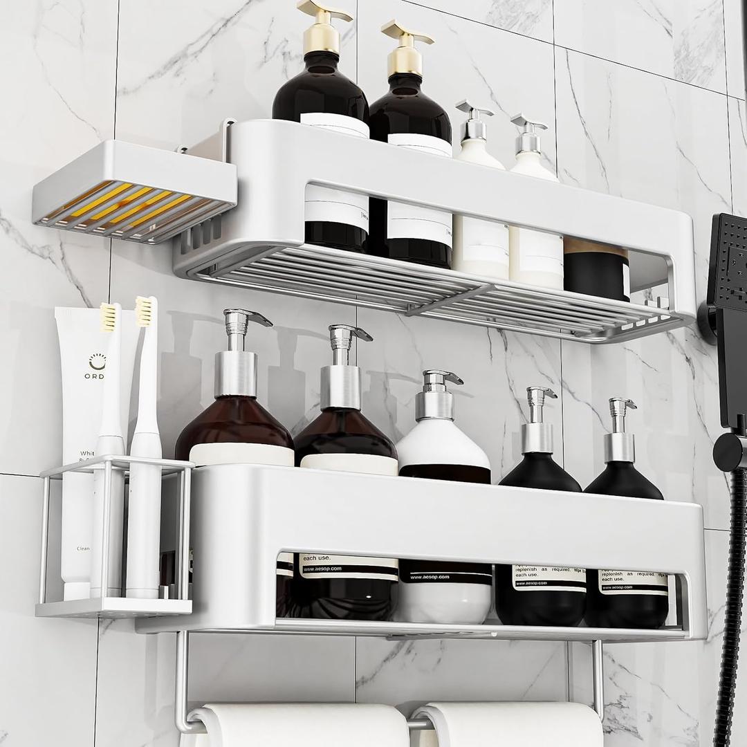 Large Shower Caddy, 4 Pack Adhesive Shower Organizer, 15.15in Large Capacity Bathroom Shelves, No Drilling for Bathroom Organizers and Storage & Home Decor & Kitchen (slive)