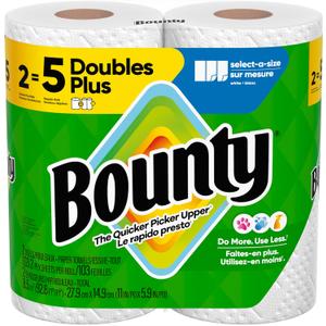 Bounty Paper Towels Select-A-Size, White, 2 Double Plus Rolls = 5 Regular Rolls