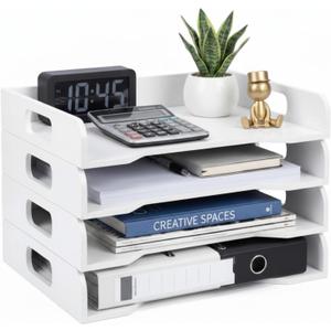 Yinkin Wooden Stackable Paper Trays 4-Tier Wooden Paper Organizer for Desk Letter Documents Woodens Desktop File Organizers for Desktop File Holder and Office Supplies Rack for Home Office Use(White)