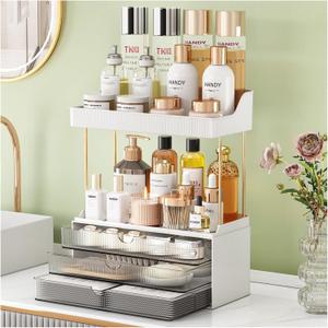 StorBin Strong 3 Drawers Bathroom Counter Organizer, 5 Tier Makeup Organizer, Versatile Perfume Organizer, Ideal for Bathroom Storage, Vanity, Large Skincare, Perfume, Present, Grey (Gray)