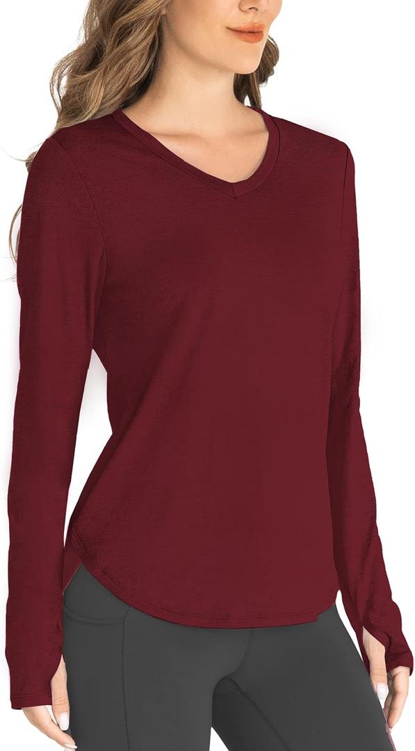 Hiverlay Long Sleeve Workout Shirts for Women V Neck UPF 50+ Athletic Shirts with Thumbhole Running Loose Active T-Shirts (Large, Wine Red)