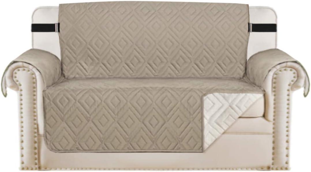 H.VERSAILTEX Reversible Loveseat Cover Furniture Protector Anti-Slip Water Resistant 2 Inch Wide Elastic Straps Couch Covers Pets Kids Fit Sitting Width Up to 46"(Love Seat: 75" x 90", Khaki/Beige)