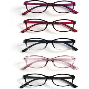 5 Pack Rectangular Reading Glasses for Women, Lightweight Full Frame Readers