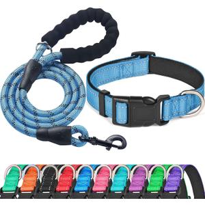 Ladoogo Reflective Dog Collar Padded with Soft Neoprene Breathable Adjustable Nylon Dog Collars for Small Medium Large Dogs (X-Small (Pack of 1), Vivid Blue Collar+Leash)