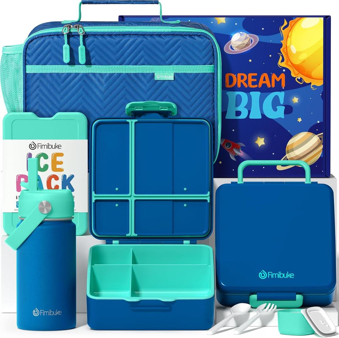 Fimibuke Kids Bento Lunch Box with 4 Compartments, Insulated lunch Bag, Stainless Steel Insulated Water Bottle, Ice Pack & Utensils Set, Birthday Gifts for Ages 3-12 Back to School Toddler Girls Boys (A8. Nautica Blue)