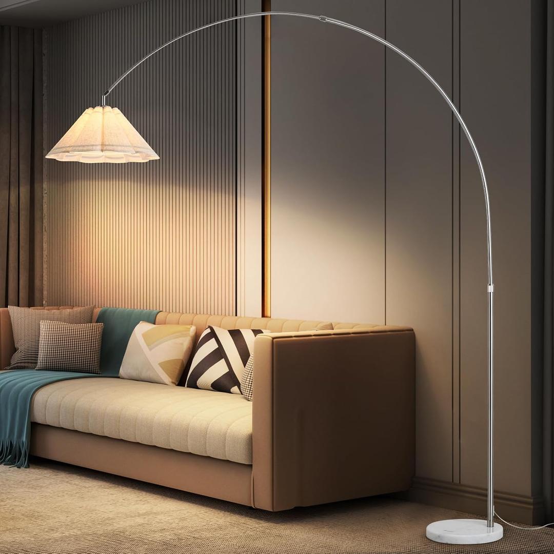 Large Arc Floor Lamp with Natural Marble Base - 81" Tall Adjustable Arched Standing Lamp, Chrome Stainless Steel Over the Couch Lamp, 18" Handmade Linen Flower Shade for Living Room & Sectionals
