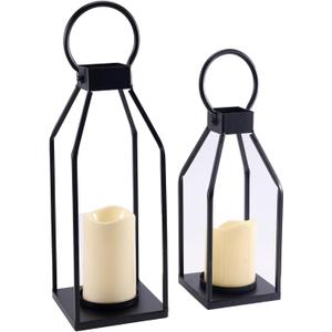 PHOSPHOR Modern Farmhouse Decor Lanterrn Set of 2 Black Metal Candle Holder for Indoor Outdoor Lanterns with Candles for Living Room Fireplace Dining Table Centerpieces Home Kitchen Decor