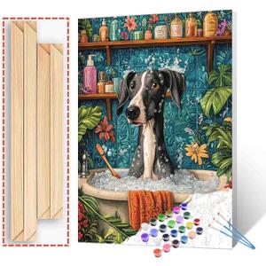 Animal Bathing Paint by Numbers Kit for Adults & Kids Ages 8-12,Dog in Bathtub Paint by Number on Canvas Easy to Paint for Beginner Botanical Acrylic Paintwork Home Wall Decor 16"x20" (DIY Frame)
