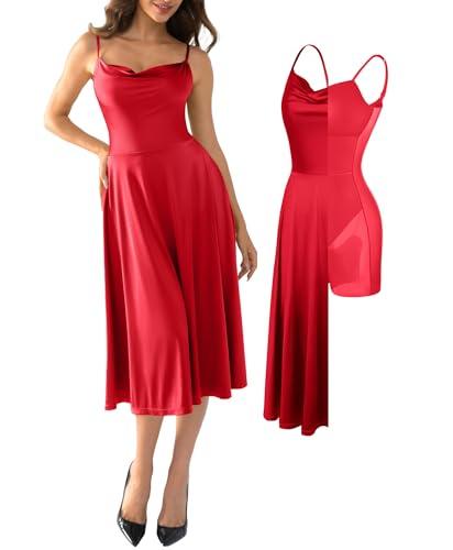 Popilush Corset Tea Party Dresses for Woman All in One Shapewear Tummy Control Spaghetti Strap A-Line Midi Evening Dress for Semi Formal Red, 3X-Large