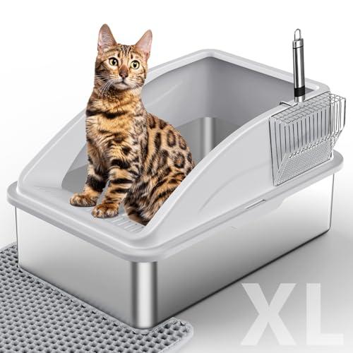 Stainless Steel Litter Box, Extra Large Litter Boxes for Big Cats, XL Metal Cat Litter Box with Lid, Anti-Urine Leakage, Non-Sticky, Include Cat Mat and Litter Scoop