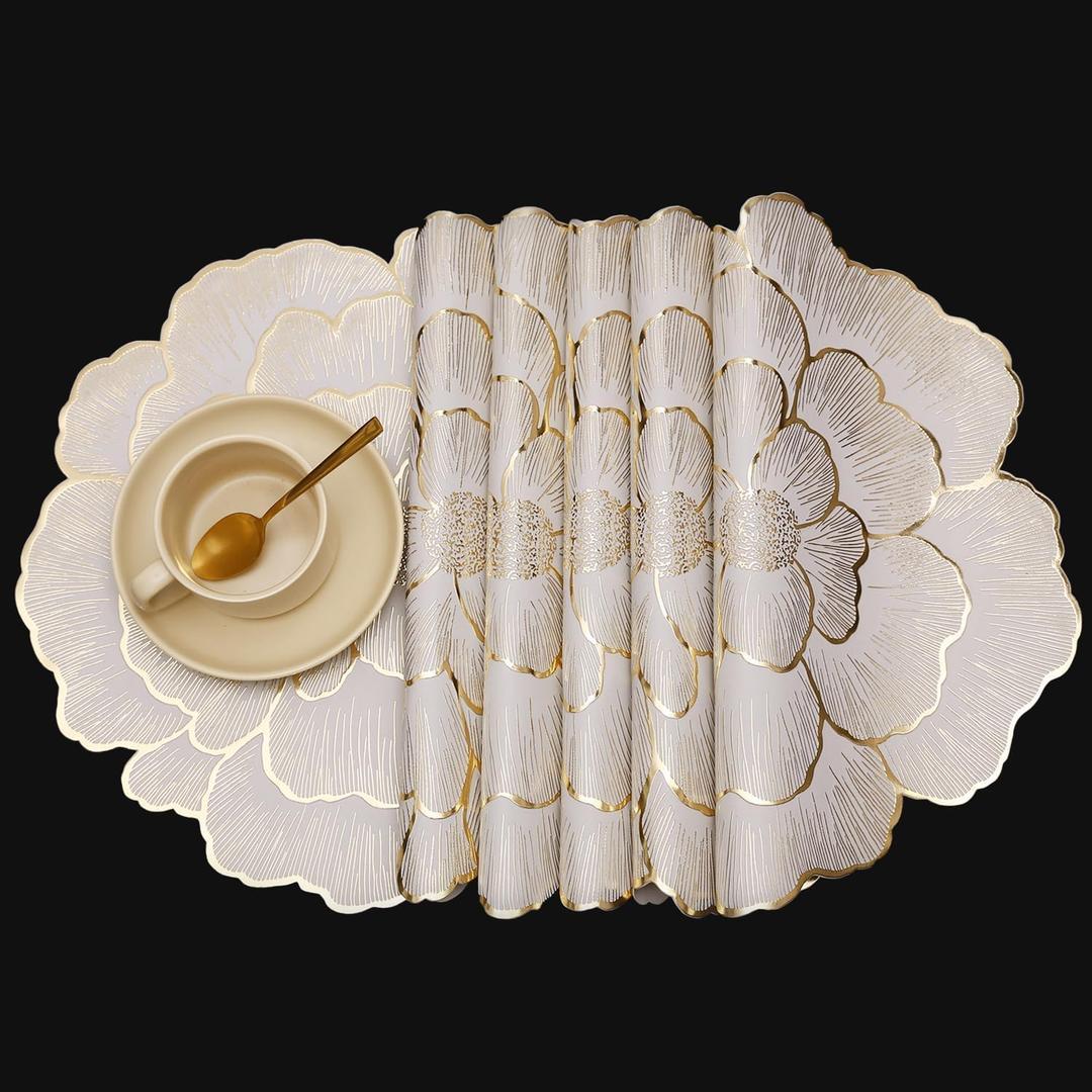 FAVE 6PCS Floral Round Placemats Golden Placemats Vinyl Placemats Set of 6 for Dining Table Reusable Metallic Shiny Gold Placemats for Wedding, Banquet, Birthday, Party, Restaurant 15 x15,Gold