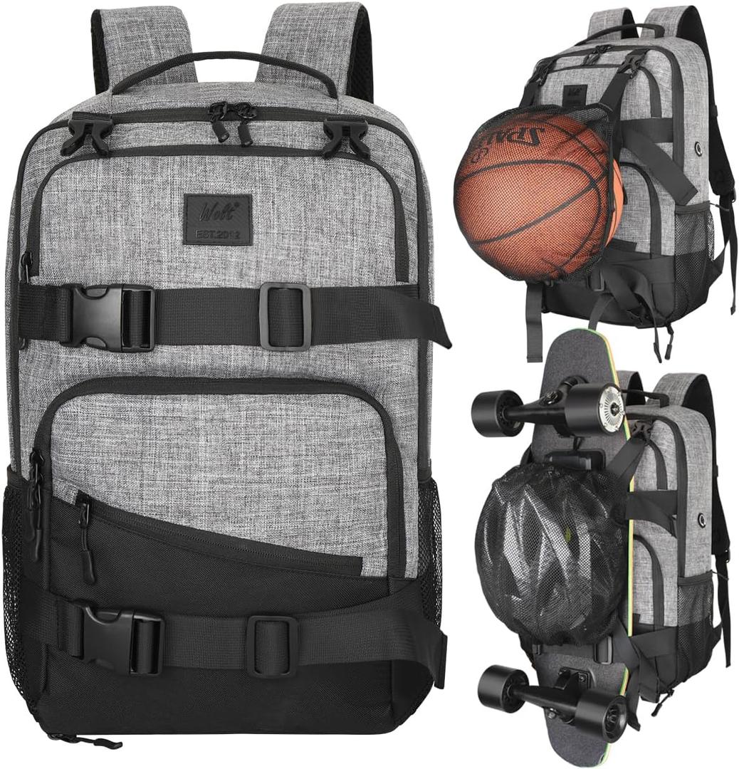 WOLT Skateboard Backpack, 15.6 Inch Laptop Backpack for Men Women, Sports Backpack with Ball Holder (Grey)
