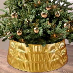 ALKB 28.4" Gold Christmas Tree Collar  9-Panel Snap-On Plastic Tree Skirt Replacement, Holiday Base Cover for 5-8 ft Artificial or Real Trees