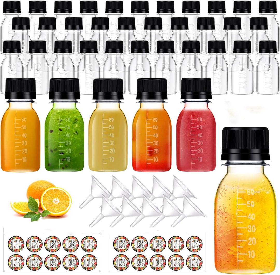 100 Pcs 2 oz Plastic Juice Shot Bottles with Caps Lids Ginger Shot Bottles | BPA FREE, FOOD GRADE MATERIAL, LEAK PROOF, REUSABLE, Clear, Scale and Labels, Portable, for outdoor camping or picnicking