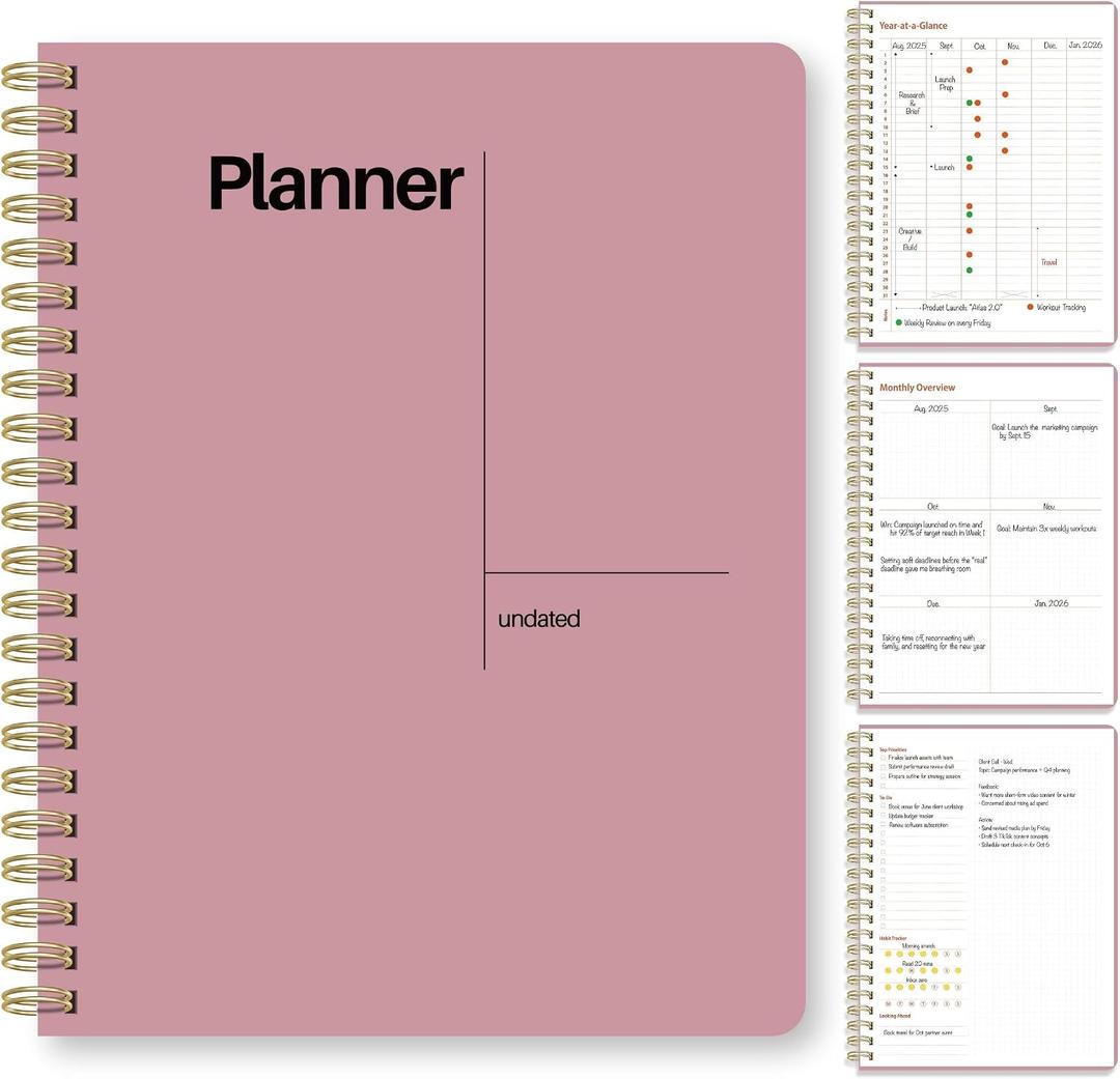 Undated Weekly Planner, 8.5" x 11", Dashboard Layout with Yearly Review, Monthly Calendars, & Weekly To Do List, Spiral Bound Organizer for Work, Study & Life (Pink)