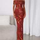 BTFBM Cocktail Dresses for Women 2026 Elegant Classy Off Shoulder Bodycon Mesh Slit Floral Maxi Spring Summer Dress(Floral Wine Red, Small) (S)