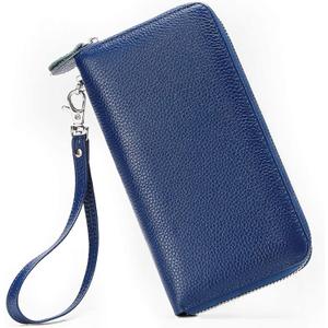 Womens Wallet RFID Blocking Genuine Leather Zip Around Wallet Clutch Wristlet Travel Long Purse for Women (Blue)