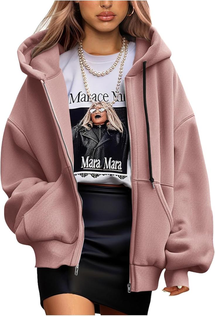 PRETTYGARDEN Women's 2025 Fall Oversized Hoodies Sweatshirt Long Sleeve Zip Up Pockets Loose Fit Y2K Winter Jackets Coat M