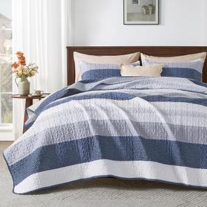 Andency Queen Quilt Bedding Set Mineral Blue, 3 Pieces Patchwork Summer Striped Ultra Soft Lightweight Bedspreads, Coverlets Set with 2 Pillow Shams for All Seasons (90"x96")