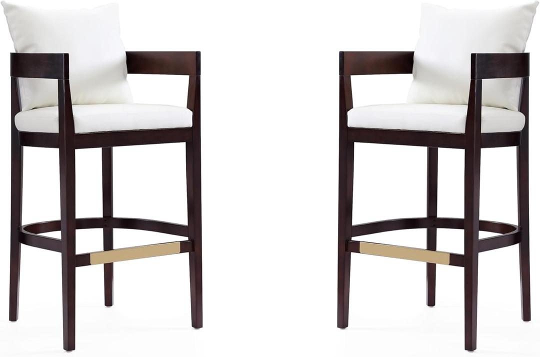 Manhattan Comfort Ritz Faux Leather Barstool with Loose Pillow Backrest, Beech Wood Legs, Gold Metal Footrest, Mid Century Modern Design, Fully Assembled Bar Stool, 30.5" Seat Height, Set of 2, Ivory