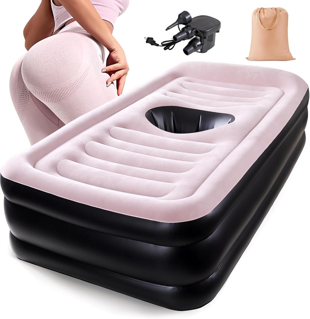 New Upgraded BBL Bed with Hole-Inflatable BBL Bed After Surgery,Brazilian Butt Lift Surgery Recovery Mattress with Carrying Bag & Air Pump,Waterproof Plant Velvet Touch Sleep-Black Pink(19.7*16.14In)