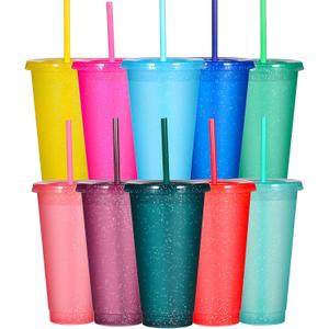 Suertestarry Tumbler with Straw and Lid,Water Bottle Iced Coffee Travel Mug Cup,Reusable Plastic Cups,Perfect for Parties,Birthdays,24oz-10 Pack (10 Pack Glitter, 10 pack)
