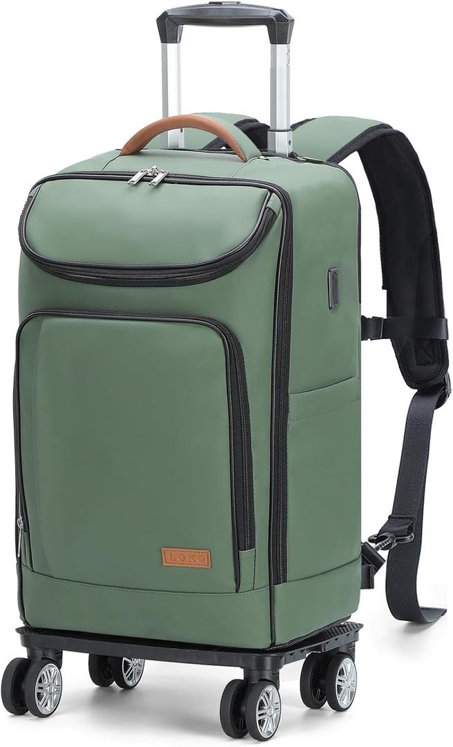 Lekebobor Travel Rolling Backpack, 18 inch Waterproof Bag with 360 Wheels for 15.6" Laptop, Convertible Airline Approved Travel Back Pack for Men & Women, Business, Commuter (Green)