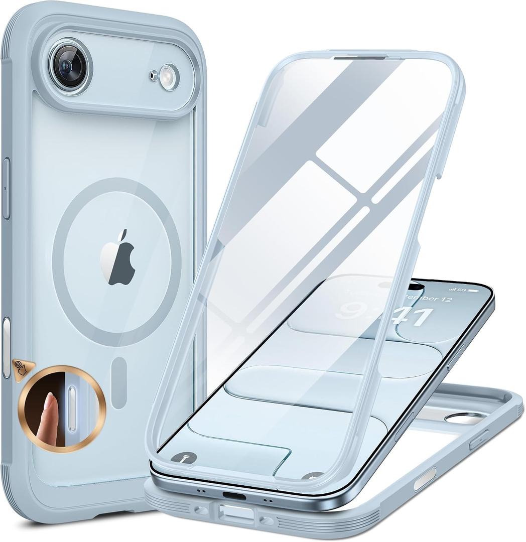 Miracase Magnetic for iPhone Air Case 6.5" [Compatible with MagSafe] Full-Body Phone Case with Built-in Glass Screen Protector & Camera Control,Drop Proof iPhone 17 Air Case Cover, Light Blue