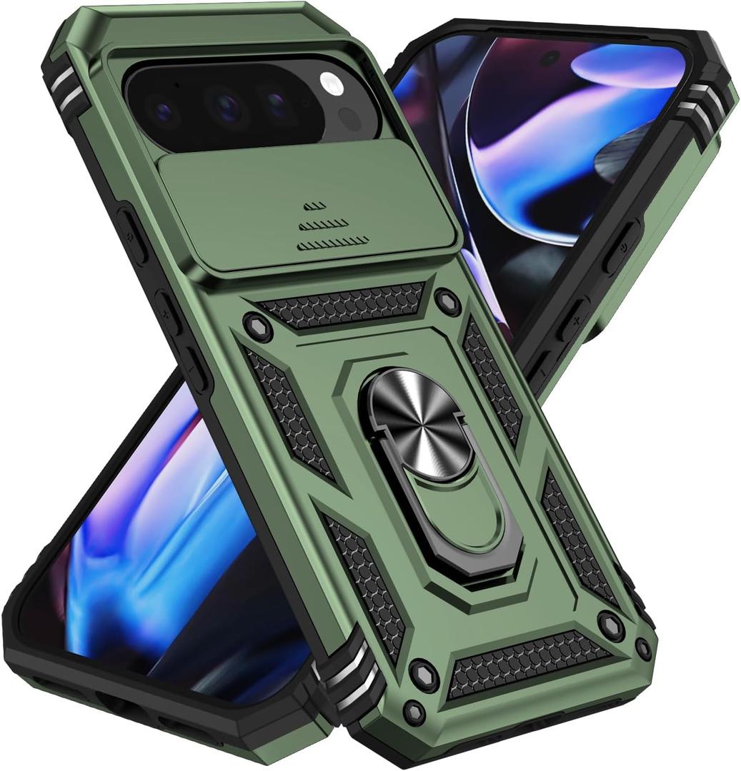 SunStory Compatible with Google Pixel 10/9 Pro XL Case with HD Screen Protector & Slide Camera Cover & Rotated Ring Kickstand, [Military-Grade] Case for Pixel 9/10 Pro XL, ArmyGreen