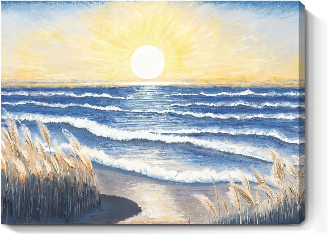 Bathroom Decor Wall Art Beach Sunset Blue Ocean Waves Nature Pictures Coastal Reeds Canvas Print Seaside Landscape Seashore Botanical Painting Seascape Artwork for Home Sea Lake Bedroom 12x16inch