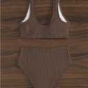SOLY HUX Women's 2 Piece Bikini Set Ring Linked High Waisted Textured Bathing Suit Swimwear Plain Coffee Brown Large