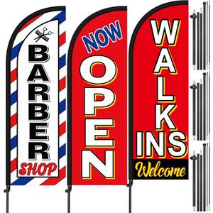 3 Set Feather Flag Pole Kit 7 ft Walk Ins Welcome Flag Barber Shop/Now Open Grand Opening Advertising Banners with Poles and Ground Spikes Salon Sign for Salon Outdoor Supplies