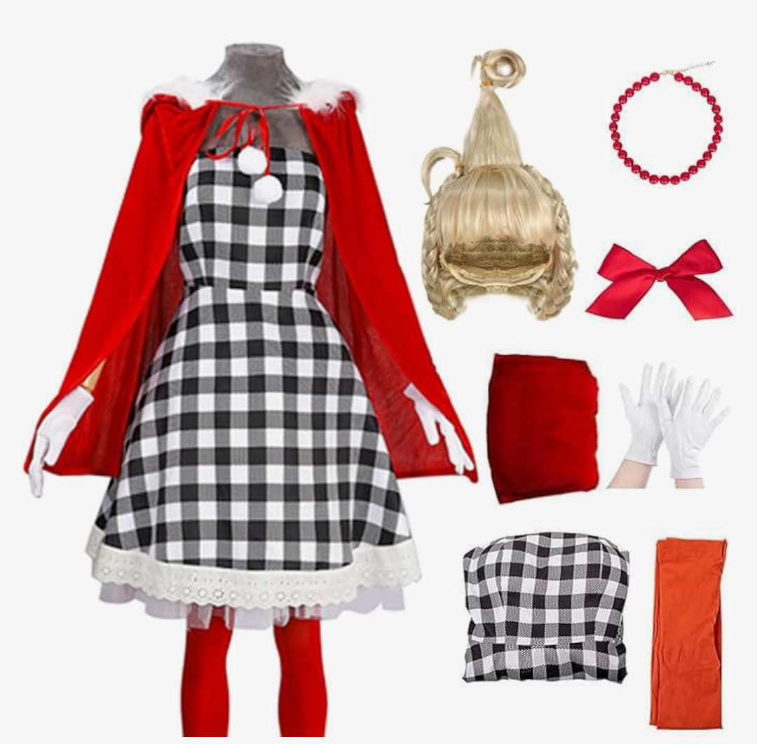 Kuberas Christmas Costumes for Kids Girls 7PCS Christmas Velvet Cape Dress Wig Accessories Halloween Christmas Cosplay Outfit Size 140 kids