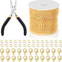 Swpeet 102Pcs Gold 3mm by 10 Yard Length Jewelry Making Chains Kit with Jump Rings, Lobster Clasps and Jewelry Plier, Necklace Chains Flat Cable Link Chain Bulk Ideal for DIY Craft Jewel Making