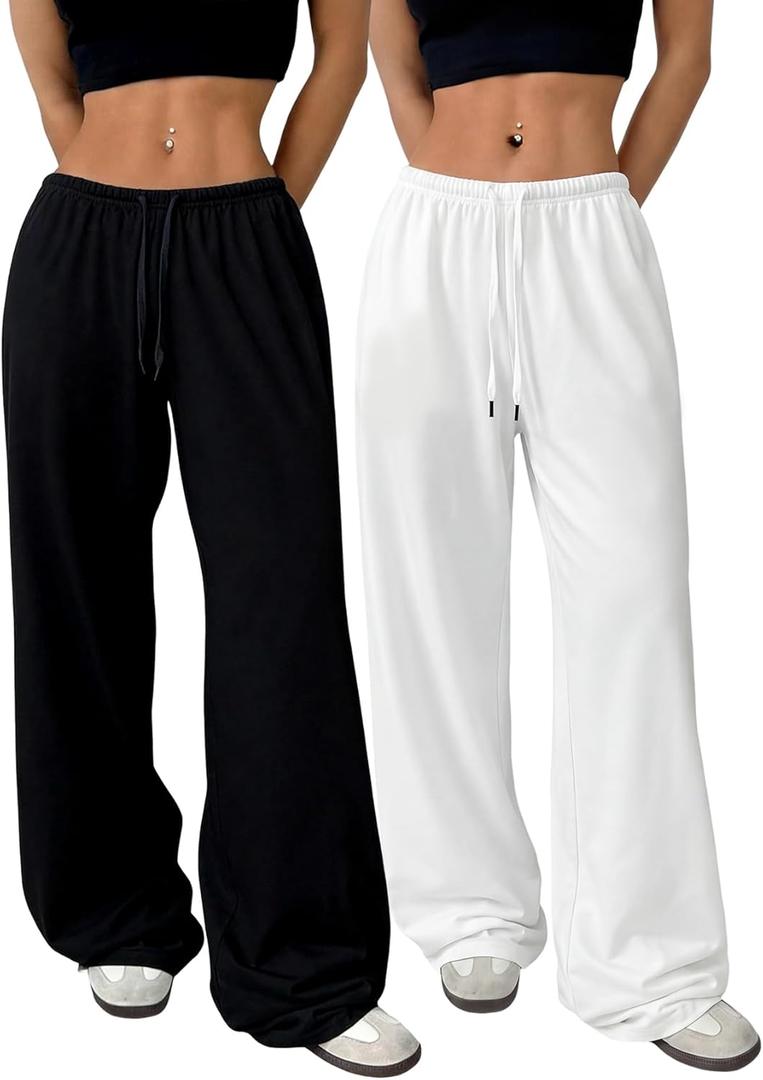 Wyeysyt Women Wide Leg Sweatpants Straight Leg Baggy Sweatpants Drawstring Waist Loose Pants (Black, L)