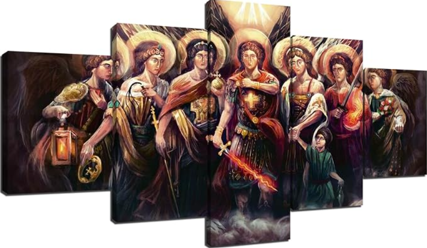 ARNLRDYA Saint Michael Archangel Wall Decor, 60''Wx32''HSeven Archangels Wall Art, 3 Panels Canvas Print, Frame Ready to Hang, Religious Poster