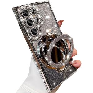 for Samsung Galaxy S23 Ultra Magnetic Kickstand Glitter Case,[Compatible with Magsafe] Bling Sparkly Rhinestone with Camera Protector Makeup Mirror Women Girl Case for Galaxy S23 Ultra,Silver