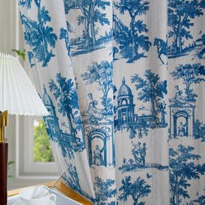 Blue Toile Curtains for Living Room 84 Inch Length 2 Panels Set Linen Toile de Jouy French Country Vintage Victorian Window Curtain Drapes for Bedroom Rod Pocket