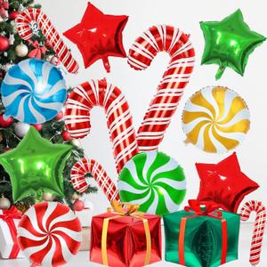28 Pcs Christmas Foil Candy Cane Balloons with Ribbons - Mylar Present Balloons for Party Decorations
