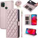 Argyle Wallet Case for Moto G Stylus 5G 2021 with Wrist Strap Shoulder Strap Card Slots Folio Purse, Luxury PU Leather Stand Accessories Phone Cover for Motorola GStylus G5 XT2131DL Rose Gold (Pink)